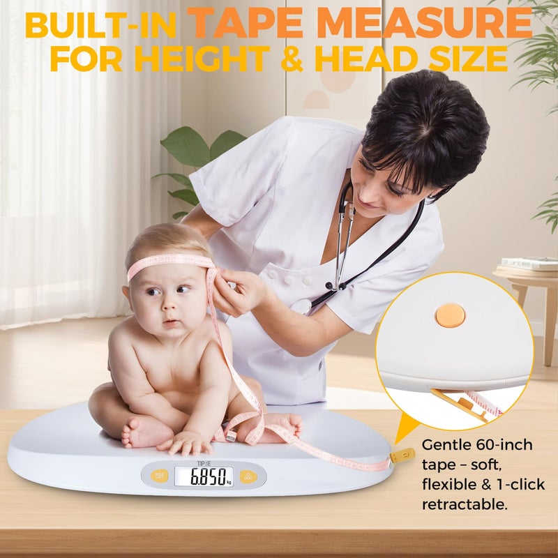 TIPRE Baby Scale for Weighing, 55 lb/0.01 lb Digital Infant Scale for Weighted Feeds with Height Measuring Tape Weight Comparison Hold Function, Pet Scale for Cats/Dogs, LCD Display, Large Platform - Image 3